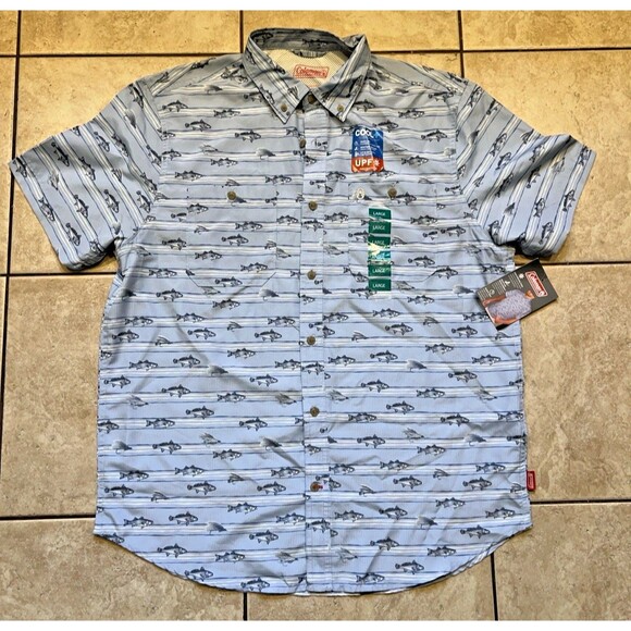 Coleman Shirt Mens L Blue Button up Bass Fishing AOP Fish UPF Cool quick dry NWT - Picture 1 of 9